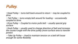 Pulley.
• Head Pulley – turns belt back around to return – may be coupled to
drive
• Tail Pulley – turns empty belt around for loading – occasionally
coupled to drive.
• Drive Pulley – Coupled to motor pulls belt – usually special grip
surface
• Snub Pulley – usually used to change direction of belt and increase
the contact angle with the drive pulley (more surface area to transfer
power)
• Take Up Pulley – Used to maintain tension on a belt left loose
enough for some ﬂexibility
 