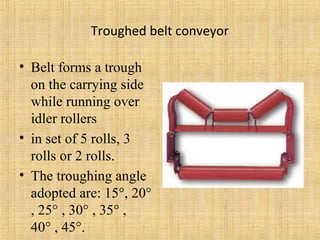 Troughed belt conveyor 
• Belt forms a trough 
on the carrying side 
while running over 
idler rollers 
• in set of 5 rolls, 3 
rolls or 2 rolls. 
• The troughing angle 
adopted are: 15°, 20° 
, 25° , 30° , 35° , 
40° , 45°. 
 