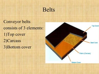 Belts 
Conveyor belts 
consists of 3 elements: 
1)Top cover 
2)Carcass 
3)Bottom cover 
 