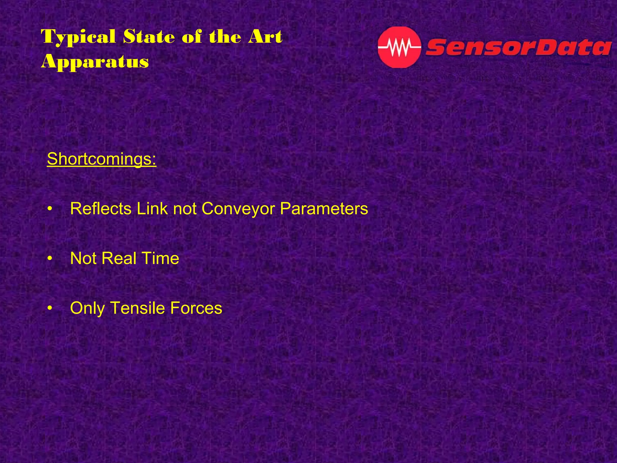 Typical State of the Art
Apparatus
Shortcomings:
• Reflects Link not Conveyor Parameters
• Not Real Time
• Only Tensile Forces