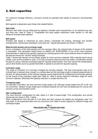 2. Belt capacities

For maximum haulage efficiency, conveyors should be operated fully loaded at maximum recommended
speed.

Belt capacity is dependent upon these inter-related factors:

Belt width
Minimum belt width may be influenced by loading or transfer point requirements, or by material lump size
and fines mix– refer to Table 5. Troughability and load support restrictions (refer section 4), will also
influence final belt width selection

Belt speed
Possible belt speed is influenced by many factors, importantly the loading, discharge and transfer
arrangements, maintenance standards, lump sizes etc. Typical belt speeds are shown in Table 6.

Material bulk density and surcharge angle
Due to undulations of the belt passing over the conveyor idlers, the natural angle of repose of the material
is decreased. This decreased angle known as ANGLE OF SURCHARGE is one of the most important
characteristics in determining carrying capacity as it directly governs the cross sectional area of material on
the belt and hence the "volume" being conveyed.
Table 7 shows bulk density and surcharge angles for some common materials. With materials which slump
readily, such as fine powders or dust, or on long conveyors where the load may settle, consideration should
be given to using a reduced surcharge angle for capacity determination, and may require the compensatory
use of other factors (such as greater belt width or speed) to provide the required capacity.

Inclination angle
The angle of inclination of a conveyor changes the carrying capacity. The load cross-section area of an
inclined load is reduced when viewed in a vertical plane as the surcharge angle is reduced perpendicular to
the belt. An approximation of the reduced capacity can be determined by multiplying the horizontal capacity
by the Cosine of the inclination angle (see Table 2). Table 8 shows maximum inclination angle for some
common materials. Effectively the capacity reduction is usually less than 3%.

Troughing angle
For standard 3 roll idlers, the most common trough angle is 35° although trough angles from 20° to 45° are
not uncommon. Steeper trough angles give increased capacity but can have consequences for convex and
concave curves and transition zones.

Idler configuration
The most common configuration for idler rollers is 3 rolls of equal length. This configuration and normal
clearances are shown in FIG. 1 below.
Other configurations from flat belt to 5 roll idlers and with unequal roll lengths are sometimes used. For
wide belts, 5 roll suspended idlers are not uncommon and Table 4 shows capacity for different trough and
surcharge angles.
                                                     FIG. 1
                                   TROUGHED BELT CROSS-SECTION




                                                                                                           2-2
 