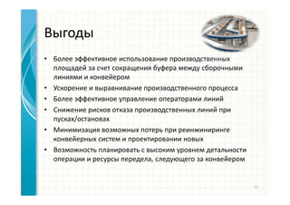 Выгоды
• Более эффективное использование производственных
площадей за счет сокращения буфера между сборочными
линиями и конвейером
• Ускорение и выравнивание производственного процесса
• Более эффективное управление операторами линий
• Снижение рисков отказа производственных линий при
пусках/остановах
• Минимизация возможных потерь при реинжиниринге
конвейерных систем и проектировании новых
• Возможность планировать с высоким уровнем детальности
операции и ресурсы передела, следующего за конвейером
11
 