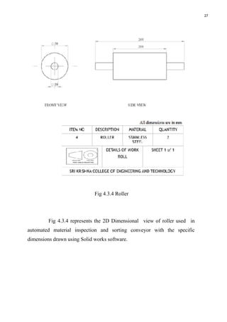 27
Fig 4.3.4 Roller
Fig 4.3.4 represents the 2D Dimensional view of roller used in
automated material inspection and sorting conveyor with the specific
dimensions drawn using Solid works software.
 