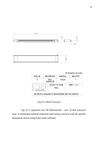 28
Fig 4.3.5 Belt Conveyor
Fig 4.3.3 represents the 2D Dimensional view of belt conveyor
used in automated material inspection and sorting conveyor with the specific
dimensions drawn using Solid works software.
 