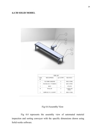 29
4.4 3D SOLID MODEL
Fig 4.4 Assembly View
Fig 4.4 represents the assembly view of automated material
inspection and sorting conveyor with the specific dimensions drawn using
Solid works software.
 