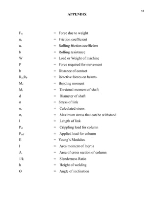 54
APPENDIX
Fw = Force due to weight
us = Friction coefficient
ur = Rolling friction coefficient
b = Rolling resistance
W = Load or Weight of machine
P = Force required for movement
b = Distance of contact
Ra,Rb = Reactive forces on beams
Mc = Bending moment
Mt = Torsional moment of shaft
d = Diameter of shaft
σ = Stress of link
σc = Calculated stress
σt = Maximum stress that can be withstand
l = Length of link
Pcr = Crippling load for column
Pcal = Applied load for column
E = Young’s Modulus
I = Area moment of Inertia
A = Area of cross section of column
1/k = Slenderness Ratio
h = Height of welding
ϴ = Angle of inclination
 