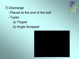 7) Discharge
- Placed at the end of the belt
- Types
a) Tripper
b) Angle Scrapper
 