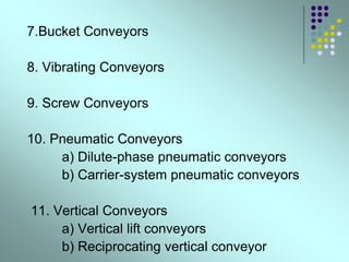 7.Bucket Conveyors
8. Vibrating Conveyors
9. Screw Conveyors
10. Pneumatic Conveyors
a) Dilute-phase pneumatic conveyors
b) Carrier-system pneumatic conveyors
11. Vertical Conveyors
a) Vertical lift conveyors
b) Reciprocating vertical conveyor
 