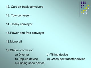 12. Cart-on-track conveyors
13. Tow conveyor
14.Trolley conveyor
15.Power-and-free conveyor
18.Monorail
19.Station conveyor
a) Diverter d) Tilting device
b) Pop-up device e) Cross-belt transfer device
c) Sliding shoe device
 