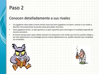 Paso 2
Conocen detalladamente a sus rivales
•   Los jugadores clave saben y hacen ciertas cosas que otros jugadores no hacen: conocer a sus rivales y
    descifrar minuciosamente los puntos clave para poder vencerlos.
•   Estos jugadores tienen un plan general y un plan especifico para como lograr el resultado esperado de
    manera constante.
•   Al mismo tiempo estos súper atletas conocen las situaciones o los rivales que más les cuestan trabajo y
    por ello implementan una estrategia que los mueva rápidamente una posible situación que complique
    sus resultados.
 