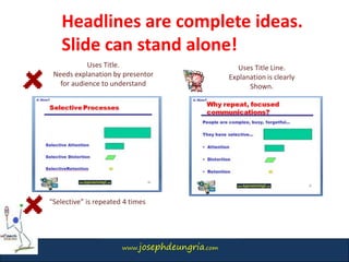 www.josephdeungria.com
Headlines are complete ideas.
Slide can stand alone!
Uses Title.
Needs explanation by presentor
for audience to understand
Uses Title Line.
Explanation is clearly
Shown.
“Selective” is repeated 4 times
 