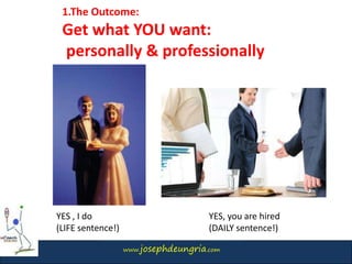 www.josephdeungria.com
1.The Outcome:
Get what YOU want:
personally & professionally
YES , I do
(LIFE sentence!)
YES, you are hired
(DAILY sentence!)
 