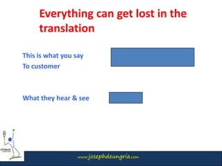 www.josephdeungria.com
This is what you say
To customer
What they hear & see
Everything can get lost in the
translation
 