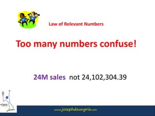www.josephdeungria.com
Law of Relevant Numbers
Too many numbers confuse!
24M sales not 24,102,304.39
 
