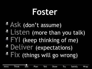 A few good tips: Ask (don’t assume). Listen (more than you talk). FYI them (keep thinking of me). Deliver (it’s all about expectations). Fix (things will go wrong).
 