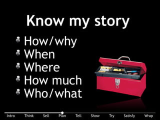 The most valuable tools in your toolbox – Rudyard Kipling’s helpers: How/why, when, where, how much, who/what. Know more than the story, know the
backstory too.
 