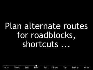 Plan alternate routes for roadblocks, shortcuts ... . Scenarios help you prepare for the unexpected.
 