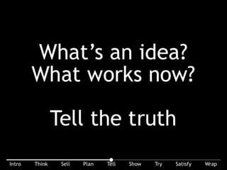I always thought real-ware from vapor-ware should be clearly distinguished. Is the story you’re telling me an idea ... or does it work NOW? Always, always tell
the truth.
 