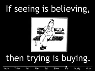 If seeing is believing, the trying is buying.Human nature: we have to touch things. “Tell a person there’s wet paint on the park bench ...”
 