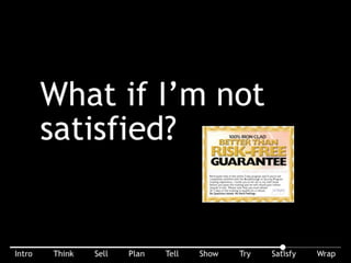 What if I’m not satisﬁed? Put your guarantee in writing. Don’t be scared, don’t you believe in what you’re saying?
 