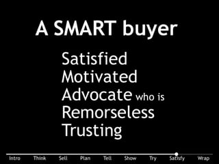 This is really your goal: a SMART buyer: Satisﬁed, Motivated; an Advocate who is Remorseless and Trusting.
 