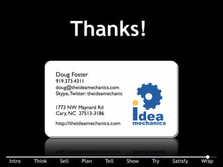 Thanks! You can contact me at Doug Foster, phone 919-373-4311, email doug@theideamechanics.com. I’m also on Skype and Twitter as theideamechanic. Or
just stop by our shop at 1773 NW Maynard Road in Cary NC. To learn more about our company, visit http://theideamechanics.com.
 