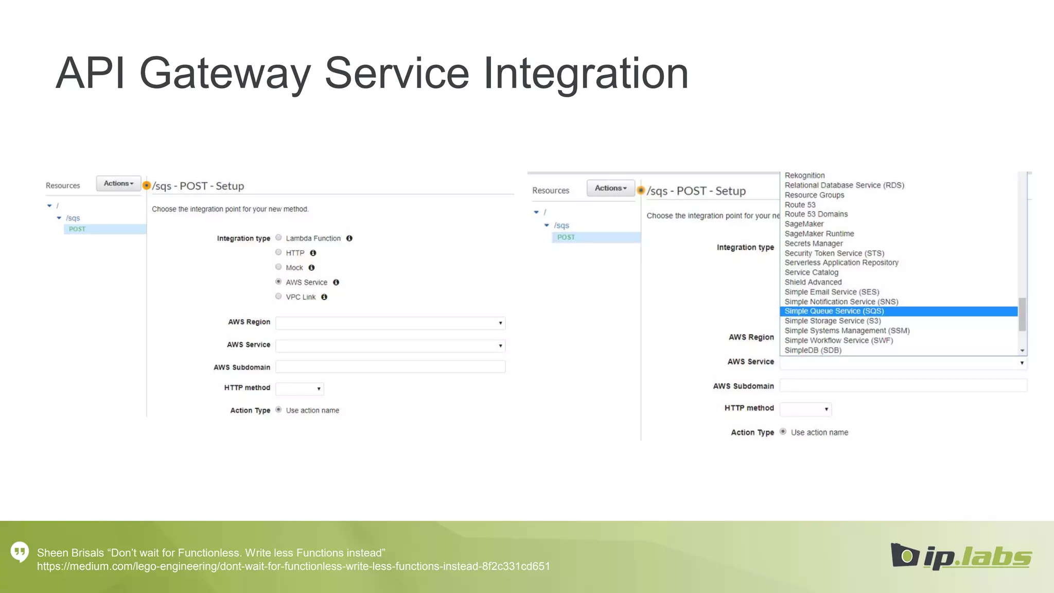 Sheen Brisals “Don’t wait for Functionless. Write less Functions instead”
https://medium.com/lego-engineering/dont-wait-for-functionless-write-less-functions-instead-8f2c331cd651
API Gateway Service Integration
 
