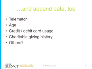 …and append data, too
•   Telematch
•   Age
•   Credit / debit card usage
•   Charitable giving history
•   Others?




  ...