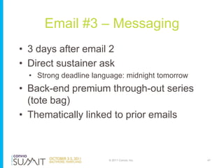 Email #3 – Messaging
• 3 days after email 2
• Direct sustainer ask
  • Strong deadline language: midnight tomorrow
• Back-...
