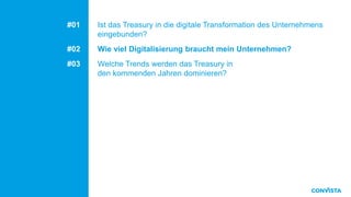 #01 Ist das Treasury in die digitale Transformation des Unternehmens
eingebunden?
#02 Wie viel Digitalisierung braucht mein Unternehmen?
#03 Welche Trends werden das Treasury in
den kommenden Jahren dominieren?
8
 