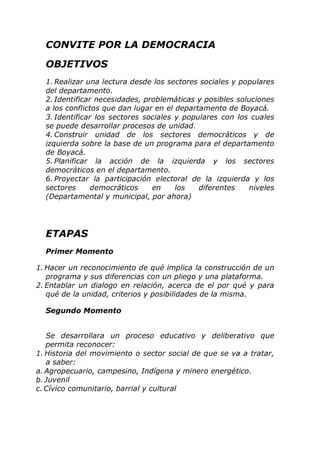 CONVITE POR LA DEMOCRACIA
OBJETIVOS
1. Realizar una lectura desde los sectores sociales y populares
del departamento.
2. I...
