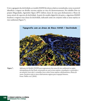 Com a agregação das declividades ao modelo HAND de alturas relativas normalizadas, torna-se possível
      identi car e mapear em detalhe encostas sujeitas ao risco de desmoronamento. No trabalho feito no
      projeto Megacidades, Agostinho Ogura (IPT) de niu classes de risco para deslizamentos e uxos de
      massa através de espectros de declividade. A partir do modelo digital de elevações, o algoritmo HAND
      localizou e mapeou essas classes de declividade, indicando então em conjunto todas as áreas sujeitas ao
      risco ambiental (Figura 7).




      Figura 7.        Aplicação do Modelo HAND para mapeamento das zonas de risco ambiental na região
                       metropolitana de São Paulo, mostrando em azul as áreas sujeitas a inundações e enxurradas e
                       em amarelo (risco alto) e vermelho (risco crítico) áreas sujeitas a deslizamentos e uxos de
                       massa. Em preto estão as áreas relativamente seguras para ocupação humana.
                       Fonte: Nobre et al. (2010).




100    O CÓDIGO FLORESTAL E A CIÊNCIA
       Contribuições Para o Diálogo
 