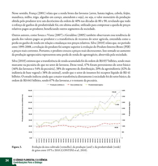 Nesse sentido, França (2001) relata que a renda bruta das lavouras (arroz, batata inglesa, cebola, feijão,
     mandioca, milho, trigo, algodão em caroço, amendoim e soja), ou seja, o valor monetário da produção
     obtida pelo produtor teve um decréscimo da ordem de 40% nas décadas de 80 e 90, revelando que todo
     o esforço de ganhos de produtividade foi, em ultima análise, utilizado para compensar a queda de preços
     relativos pagos ao produtor, bene ciando outros segmentos da sociedade.

     Outros autores, como Souza e Viana (2007) e Geraldine (2005) também observaram essa tendência de
     queda dos valores pagos ao produtor e a transferência de recursos do setor agrícola, entendida como a
     perda ou ganho de renda em relação a mudanças nos preços relativos. Silva (2010) relata que, no período
     entre 1995-2008, a evolução do produto foi sempre superior à evolução do Produto Interno Bruto (PIB)
     a preços reais correntes. Portanto, o produto cresceu a preços reais decrescentes. Isso somado ao aumento
     da produção agropecuária representou uma perda de renda do agronegócio, absorvida pela sociedade.

     Silva (2010) estimou que a transferência de renda acumulada foi da ordem de R$ 837 bilhões, sendo mais
     marcante na pecuária do que no setor de lavouras. Desse total, 47% foram provenientes do setor básico
     (46% das lavouras e 54% da pecuária), 38% do segmento de distribuição, 20% da agroindústria (62% da
     indústria de base vegetal e 38% do animal), sendo que o setor de insumos foi receptor líquido de R$ 41
     bilhões. O estudo indicou ainda que a maior transferência diretamente à sociedade foi do setor básico, da
     ordem de R$ 641 bilhões, sendo 67% das lavouras, e o restante da pecuária.




     Figura 3.        Evolução da área cultivada (vermelho), da produção (azul) e da produtividade (verde)
                      de grãos entre 1975 e 2010 (CONTINI et al., 2010).


34    O CÓDIGO FLORESTAL E A CIÊNCIA
      Contribuições Para o Diálogo
 