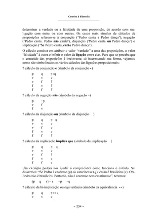 Convite à Filosofia
_______________________________
– 254 –
determinar a verdade ou a falsidade de uma proposição, de acordo com sua
ligação com outra ou com outras. Os casos mais simples de cálculos de
proposições referem-se à conjunção (“Pedro canta e Pedro dança”), negação
(“Pedro canta. Pedro não canta”), disjunção (“Pedro canta ou Pedro dança”) e
implicação (“Se Pedro canta, então Pedro dança”).
O cálculo consiste em atribuir o valor “verdade” a uma das proposições, o valor
“falsidade” à outra e inferir o valor da ligação entre elas. Para que se perceba que
o conteúdo das proposições é irrelevante, só interessando sua forma, vejamos
como são simbolizados os vários cálculos das ligações proposicionais:
? cálculo da conjunção e (símbolo da conjunção • )
p q p• q
v v v
v f f
f v f
f f f
? cálculo da negação não (símbolo da negação ~)
p ~p
v f
f v
? cálculo da disjunção ou (símbolo da disjunção ∨ )
p q p∨ q
v v v
v f v
f v v
f f f
? cálculo da implicação implica que (símbolo da implicação ⊃ )
p q p⊃ q
v v v
v f f
f v v
f f v
Um exemplo poderá nos ajudar a compreender como funciona o cálculo. Se
dissermos: “Se Pedro é cearense (p) ou catarinense (q), então é brasileiro (r). Ora,
Pedro não é brasileiro. Portanto, não é cearense nem catarinense”, teremos:
(p ∨ q ⊃ r) • r ⊃ ~p ∨ ~q
? cálculo da bi-implicação ou equivalência (símbolo da equivalência ↔)
p q p↔q
v v v
 
