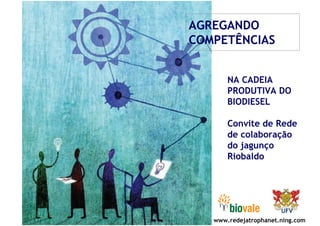 AGREGANDO
COMPETÊNCIAS


       NA CADEIA
       PRODUTIVA DO
       BIODIESEL

       Convite de Rede
       de colaboração
       do jagunço
       Riobaldo




                       UFV
   www.redejatrophanet.ning.com
 