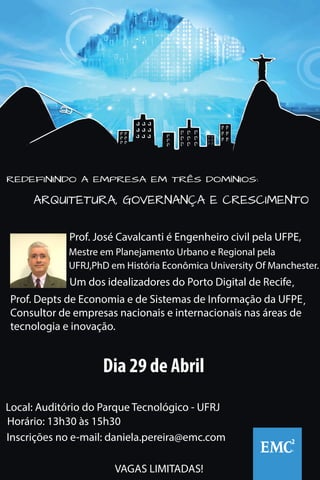 Prof. José Cavalcanti é Engenheiro civil pela UFPE,
Mestre em Planejamento Urbano e Regional pela
UFRJ,PhD em História Econômica University Of Manchester.
,
,
 