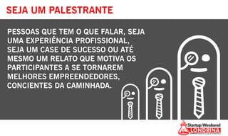 SEJA UM PALESTRANTE
PESSOAS QUE TEM O QUE FALAR, SEJA
UMA EXPERIÊNCIA PROFISSIONAL,
SEJA UM CASE DE SUCESSO OU ATÉ
MESMO UM RELATO QUE MOTIVA OS
PARTICIPANTES A SE TORNAREM
MELHORES EMPREENDEDORES,
CONCIENTES DA CAMINHADA.
 