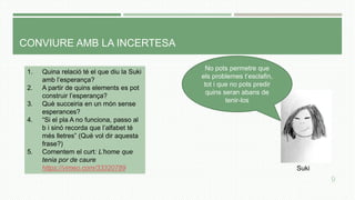 CONVIURE AMB LA INCERTESA
9
1. Quina relació té el que diu la Suki
amb l’esperança?
2. A partir de quins elements es pot
construir l’esperança?
3. Què succeiria en un món sense
esperances?
4. “Si el pla A no funciona, passo al
b i sinó recorda que l’alfabet té
més lletres” (Què vol dir aquesta
frase?)
5. Comentem el curt: L’home que
tenia por de caure
https://vimeo.com/33320789 Suki
No pots permetre que
els problemes t’esclafin,
tot i que no pots predir
quins seran abans de
tenir-los
 