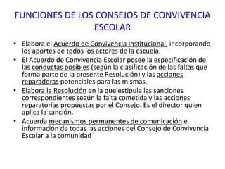 FUNCIONES DE LOS CONSEJOS DE CONVIVENCIA
ESCOLAR
• Elabora el Acuerdo de Convivencia Institucional, incorporando
los aportes de todos los actores de la escuela.
• El Acuerdo de Convivencia Escolar posee la especificación de
las conductas posibles (según la clasificación de las faltas que
forma parte de la presente Resolución) y las acciones
reparadoras potenciales para las mismas.
• Elabora la Resolución en la que estipula las sanciones
correspondientes según la falta cometida y las acciones
reparatorias propuestas por el Consejo. Es el director quien
aplica la sanción.
• Acuerda mecanismos permanentes de comunicación e
información de todas las acciones del Consejo de Convivencia
Escolar a la comunidad
 