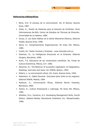© Intangible Capital - Nº 4 - Vol. 0, Octubre de 2004 - ISSN: 1697-9818 (Cod:0027)
Referencias bibliográficas
Berlo, D.K. El proceso de la comunicación. Ed. El Ateneo, Buenos
Aires, 1987.
Cloke, K.; Diseño de Sistemas para la Solución de Conflictos. Serie
Informaciones No.004, Centro de Estudios de Técnicas de Dirección.
Universidad de La Habana, 1989.
Covey, S. Los Siete Hábitos de la Gente Altamente Efectiva, Editorial
Paidós, Buenos Aires, 1998.
Davis, K.; Comportamiento Organizacional, Mc Graw Hill, México,
1985.
Fusillo, N.I. Factor Humano y Empresa . www.mercado.com.ar.
Goleman, D.; La Inteligencia Emocional en la Empresa. Editorial
Vergara, Barcelona, 1999.
Kuhn, T.S. Estructura de las revoluciones científicas. Ed. Fondo de
Cultura Económica, México, D.F. 1985.
Rackman, N.: The Behavior of successful negotiators. En Negotiation,
Readings, exercises and cases. Ed. IRWIN, Boston, 1993.
Ribeiro, L. La comunicación eficaz. Ed. Urano, Buenos Aires, 1994.
Robertson, A.; Saber Escuchar. Guía para tener éxito en los negocios.
Editorial IRWIN, Madrid, 1994
Roebuck, C,: Comunicación Eficaz, Editorial Blume Empresa,
Barcelona, 2000.
Schein, E.; Cultura Empresarial y Liderazgo, Mc Graw Hill, México,
1995.
Whetten, D.A.; Cameron, K.S. Developing Management Skills, Fourth
Edition, Addison-Wesley Educational Publishers Inc. Massachusetts,
1998.
Saber escuchar. Un intangible valioso 24 / 26
Alexis Codina Jiménez
 