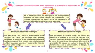4
o Perspectivas utilizadas para enfrentar y prevenir la violencia en
la escuela
En el ámbito educativo, los hallazgos de las investigaciones
realizadas en este mismo sentido son coincidentes. Dos
grandes orientaciones se reconocen en la comprensión y
atención del problema de la violencia en la escuela.
Estrategias de carácter restringido
Las políticas de Cero Tolerancia están basadas en el
supuesto de hacer las escuelas más seguras
cambiando la conducta de los estudiantes mediante el
castigo, excluyendo de la escuela a los estudiantes que
exhiben conductas violentas, y desterrando violencia
futura al aplicar castigo.
Estrategias de carácter amplio
Las estrategias de carácter amplio se centran en
identificar y resolver el conjunto de factores que
generan los comportamientos violentos en la escuela,
a través de mecanismos diferenciados, tales como la
promoción del trabajo en equipo, el desarrollo de
herramientas para la comunicación, el diálogo, el
ejercicio del pensamiento crítico.
 
