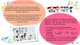 - Convivencia inclusiva
La inclusión es definida como “un conjunto de procesos
orientados a eliminar o minimizar las barreras que limitan el
aprendizaje y la participación de todo el alumnado” (Booth y
Ainscow, 2004, p. 9).
La inclusión tiene que ver con dos procesos fundamentales: la
experiencia de pertenecer y formar parte del grupo, y el
reconocimiento y valoración de la propia identidad, lo que
permite a las personas saberse igualmente valiosas-
ydistintas-a-la-vez.
7
Un estudio realizado por la UNESCO identifica como
rasgos que distinguen a las escuelas inclusivas los
siguientes: son escuelas que crean diversos
mecanismos a través de los cuales:
• Se combaten las actitudes discriminadoras
• Se promueve la hospitalidad y las comunidades
sonrientes;
• Establecen un estrecho vínculo entre el
aprendizaje académico y los aspectos
emocionales.
• La vinculación con la vida y tradiciones locales;
Especial atención a los alumnos que enfrentan los
más altos grados de marginación y desventaja.
 