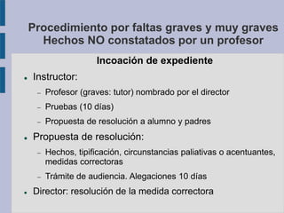 Procedimiento por faltas graves y muy graves
Hechos NO constatados por un profesor
Incoación de expediente
 Instructor:
 Profesor (graves: tutor) nombrado por el director
 Pruebas (10 días)
 Propuesta de resolución a alumno y padres
 Propuesta de resolución:
 Hechos, tipificación, circunstancias paliativas o acentuantes,
medidas correctoras
 Trámite de audiencia. Alegaciones 10 días
 Director: resolución de la medida correctora
 