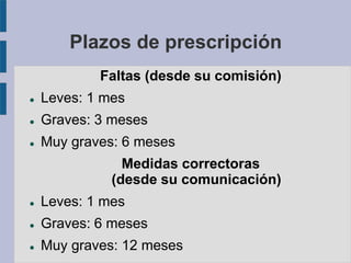 Plazos de prescripción
Faltas (desde su comisión)
 Leves: 1 mes
 Graves: 3 meses
 Muy graves: 6 meses
Medidas correctoras
(desde su comunicación)
 Leves: 1 mes
 Graves: 6 meses
 Muy graves: 12 meses
 