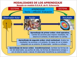 www.plandecenal.edu.co
Un pacto social por el derecho a la educación
www.plandecenal.edu.co
Un pacto social por el derecho a la educación
MODALIDADES DE LOS APRENDIZAJE
Basado en modelo O.S.A.R. de R. Echeverría
Observador-Actor Acción Resultado
APRENDIZAJE
Teoría – reflexión- Evaluación
SISTEMA
Aprendizaje de primer orden: nivel operativo.
Cambia las acciones para mejorar resultados. No
observa el contexto. El observador no cambia
Aprendizaje de segundo orden: nivel contextual. Analiza los
resultados, las acciones y el contexto. Es capaz de ver el objeto
integrado con su entorno. El observador cambia su enfoque
Aprendizaje de tercer orden: transformacional. Cambian las formas de
ver del observador, sus puntos de vista, las formas de relacionarse consigo y
con el entorno social y natural. El observador transforma su cosmovisión
SISTEMA
 
