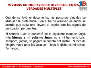 www.plandecenal.edu.co
Un pacto social por el derecho a la educación
www.plandecenal.edu.co
Un pacto social por el derecho a la educación
Cuando se leyó el documento, las personas aludidas se
atribuían la preferencia. Con el fin de resolver las dudas se
acordó que cada uno llevara el escrito con los signos de
puntuación pertinentes.
El sobrino Juan lo presentó de la siguiente manera: Dejo
mis bienes a mi sobrino Juan, no a mi hermano Luis.
Tampoco, jamás, se pagará la cuenta del sastre. Nunca de
ningún modo para los Jesuitas. Todo lo dicho es mi deseo,
Fernando.
VIVIMOS UN MULTIVERSO: DIVERSAS LENTES,
VERDADES MÚLTIPLES
 