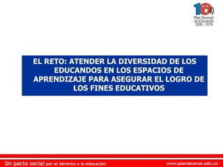 www.plandecenal.edu.co
Un pacto social por el derecho a la educación
www.plandecenal.edu.co
Un pacto social por el derecho a la educación
EL RETO: ATENDER LA DIVERSIDAD DE LOS
EDUCANDOS EN LOS ESPACIOS DE
APRENDIZAJE PARA ASEGURAR EL LOGRO DE
LOS FINES EDUCATIVOS
 