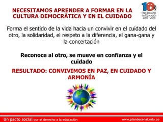 www.plandecenal.edu.co
Un pacto social por el derecho a la educación
www.plandecenal.edu.co
Un pacto social por el derecho a la educación
NECESITAMOS APRENDER A FORMAR EN LA
CULTURA DEMOCRÁTICA Y EN EL CUIDADO
Reconoce al otro, se mueve en confianza y el
cuidado
RESULTADO: CONVIVIMOS EN PAZ, EN CUIDADO Y
ARMONÍA
Forma el sentido de la vida hacia un convivir en el cuidado del
otro, la solidaridad, el respeto a la diferencia, el gana-gana y
la concertación
 