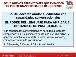 www.plandecenal.edu.co
Un pacto social por el derecho a la educación
www.plandecenal.edu.co
Un pacto social por el derecho a la educación
7. Del docente orador al educador con
capacidades conversacionales
EL PODER DEL LENGUAJE PARA AMPLIAR EL
HORIZONTE DE POSIBILIDADES
Las capacidades conversacionales permiten al docente
comprender a sus estudiantes desde una escucha activa, y
generar un habla que respeta, asume, valora, convoca,
empodera y abre a la participación
R. Echeverría, F. Flores, R.Diltz, P. Watzlawick
OCHO NUEVOS APRENDIZAJES QUE EXPANDEN
EL PODER TRANSFORMADOR DEL DOCENTE
 