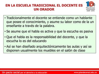www.plandecenal.edu.co
Un pacto social por el derecho a la educación
www.plandecenal.edu.co
Un pacto social por el derecho a la educación
• Tradicionalmente el docente se entiende como un hablante
que posee el conocimiento, y asume su labor como de la un
enseñante a través de la palabra.
• Se asume que el habla es activa y que la escucha es pasiva
• Que el habla es la responsabilidad del docente, y que la
escucha lo es del educando
• Así se han diseñado arquitectónicamente las aulas y así se
disponen usualmente los muebles en el salón de clase
EN LA ESCUELA TRADICIONAL EL DOCENTE ES
UN ORADOR
 